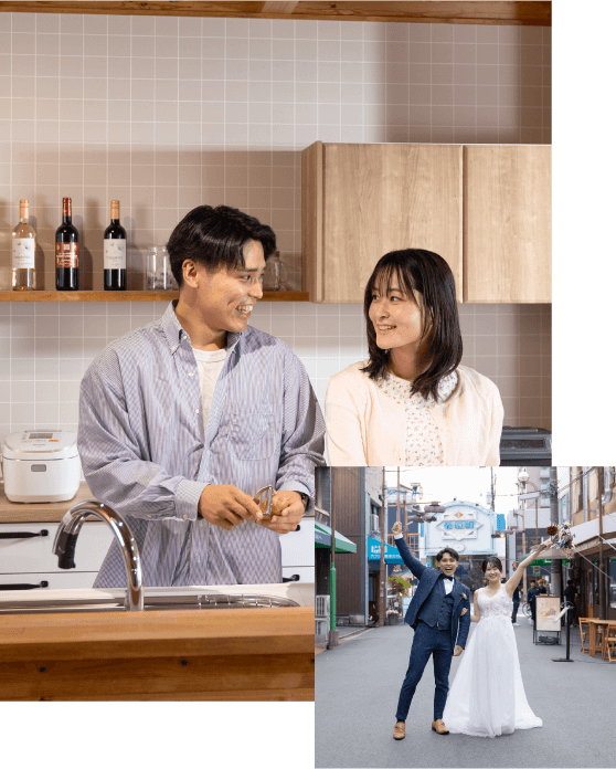 カップルが家で料理をしているイメージと結婚の前撮りをしているイメージ