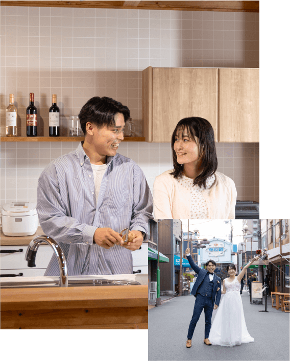 カップルが家で料理をしているイメージと結婚の前撮りをしているイメージ